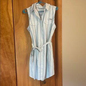 Columbia Blue and White Sleeveless Midi Shirt Dress
